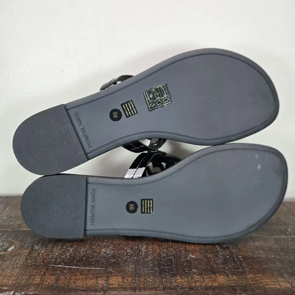 NEW Tory Burch Miller Patent Leather Womens Size 8 Logo Sandals Flip Flops Black
